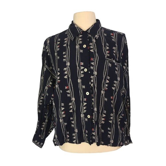 Espirit Sport Vintage 80s Navy Blue Nautical Print Button Front Shirt,‎ Top sz S - Picture 1 of 10